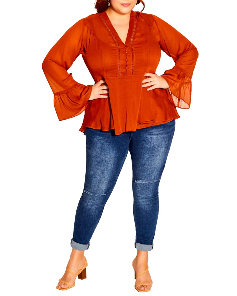 Front of a model wearing a size XS Gemma Button Love Top in Orange by City Chic. | dia_product_style_image_id:233581